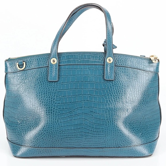 Henri Bendel Teal Croc-Embossed large Tote with Gold Accent and crossbody strap - Picture 3 of 3